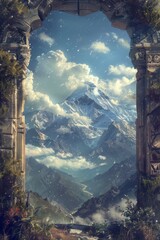 Canvas Print - Snow-capped mountains, swirling clouds, and ancient stone markers