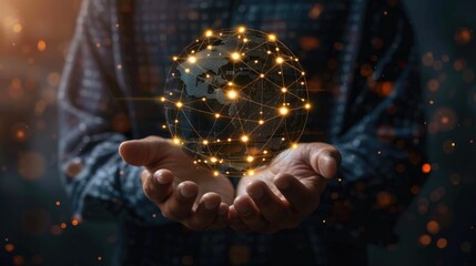 Poster - Businessman holding a glowing globe with network connections, representing global business and technology, set against a dark background
