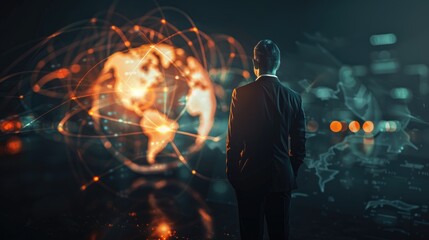 Poster - Businessman with a glowing, networked globe, illustrating global business and technology in a modern, dark environment