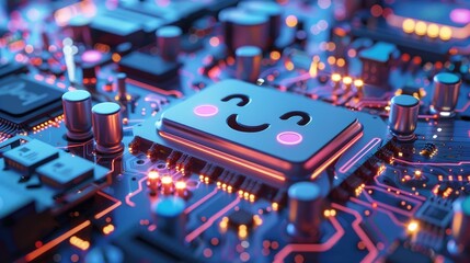 cartoon semiconductor with a smiling face on a motherboard, small arms and antennas, creating a fun 