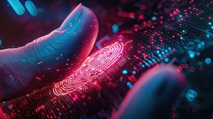 Poster - Close-up of finger with glowing digital fingerprint, illuminated with neon pink and blue lights, futuristic look