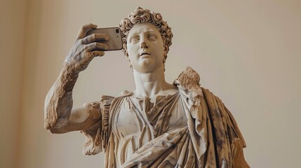 Contemporary artwork of a classical statue taking a selfie with a smartphone, blending ancient art with modern technology