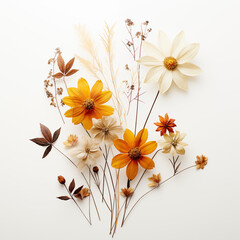 Dry and fresh flowers on white background. Text space available in a flat lay. Close-up still life photo.