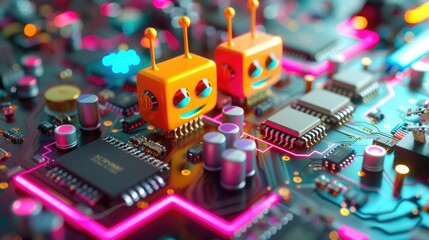 Poster - Cute semiconductor characters on a motherboard, smiling faces and antennas, brightly colored, fun tech scene