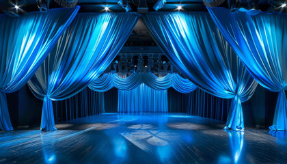 Sticker - Elegant blue velvet curtains on theater stage with spotlights