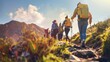 © เลิศลักษณ์ ทิพชัย - A group of friends hiking up a mountain trail on Friendship Day, encouraging each other and celebrating the journey of companionship and adventure
