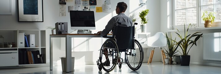 Aufkleber - Man in a wheelchair working at a computer in a modern office with large windows. Promotes accessibility and inclusion for disabled employees.