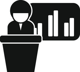Poster - businessman is giving a presentation standing at the tribune with a chart on the background