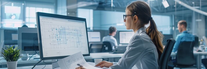 Aufkleber - Female engineer working on computer with detailed blueprints in a modern office. Engineering expertise and detailed planning.