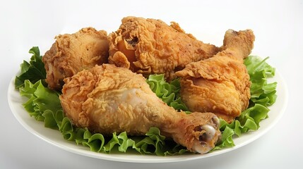 Wall Mural - Crispy Buttermilk Fried Chicken Drumsticks with Fresh Lettuce on a White Plate Against a Pristine White Background, Perfect for a Delicious and Inviting Meal Presentation