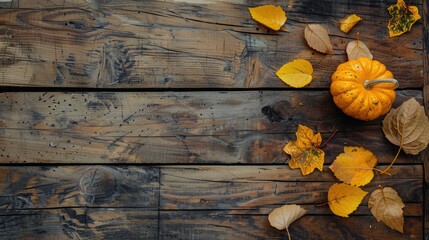 Wall Mural - Autumn themed rustic arrangement with yellow leaves and pumpkin on wooden backdrop Overhead view space for text