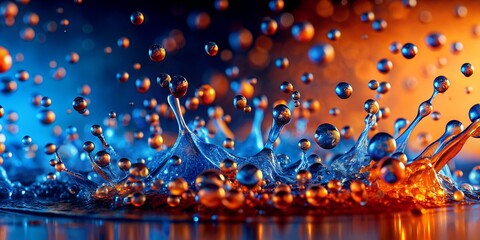 Poster - Electric blue and fiery orange merge in captivating dance of tiny droplets AI-Created Content, captivating, tiny