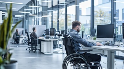 Aufkleber - African American man in wheelchair in a modern office with colleagues in the background. Promoting diversity and inclusion.