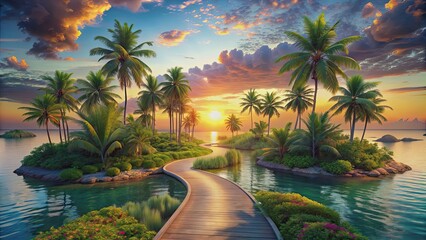 Wall Mural - Dreamlike tropical island landscape with futuristic pathways, serene waters, and vibrant foliage at sunset, tropical