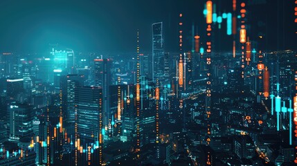 Poster - Glowing big data forex chart set against a city at night, creating a dynamic and futuristic financial analysis visual
