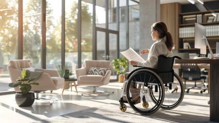 Aufkleber - Woman in a wheelchair reading documents in a bright, modern office. Emphasizing employment for people with disabilities and workplace inclusion.