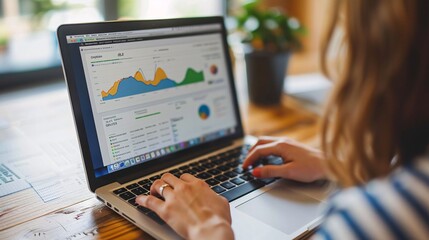 Wall Mural - A digital marketer analyzing PPC campaign results on a laptop