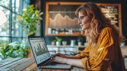 Wall Mural - A digital marketer analyzing PPC campaign results on a laptop