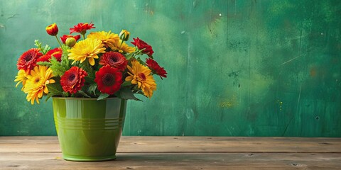 Poster - Vibrant red and yellow flowers in green pot , vibrant, red, yellow, flowers, green, pot,floral, bright, colorful, garden