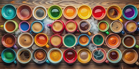 Wall Mural - Steamy and colorful cups of coffee arranged on a table from a top-down perspective, hot, beverage, morning, caffeine, aroma