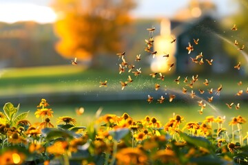 Wall Mural - Bees Flying Over Yellow Flowers in a Meadow.