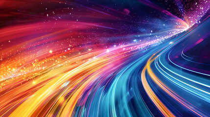 Poster - Vibrant abstract image featuring dynamic neon light trails in shades of pink, blue, yellow, and orange, creating a sense of motion.