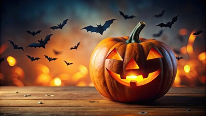 Wall Mural - Halloween pumpkin with bats flying around it, Halloween, pumpkin, bats, spooky, October, decoration, scary, autumn, jack-o-lantern