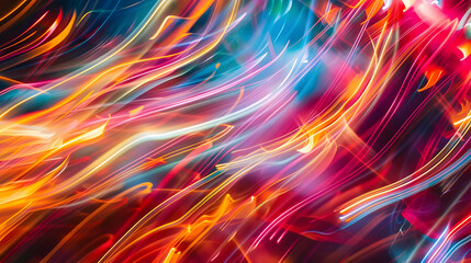 Poster - Vibrant abstract image featuring dynamic neon light trails in shades of pink, blue, yellow, and orange, creating a sense of motion.
