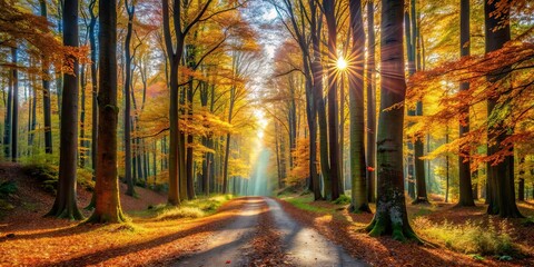 Sticker - Forest path in beautiful autumn light, with rays of sunlight, blue sky and tall colorful beech trees, forest, path, autumn