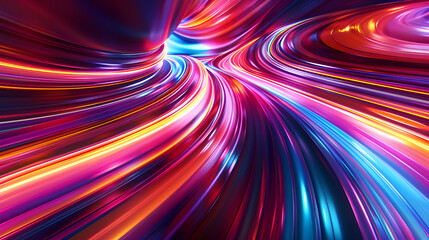 Poster - Vibrant abstract image featuring dynamic neon light trails in shades of pink, blue, yellow, and orange, creating a sense of motion.