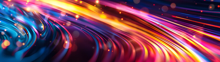 Poster - Dynamic abstract image with vibrant light trails in shades of blue, pink, and yellow, creating a sense of motion and speed.