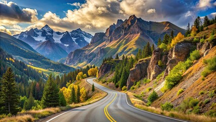 Wall Mural - Scenic mountain road winding through breathtaking terrain, mountain road, mountains, winding, scenic, nature, travel