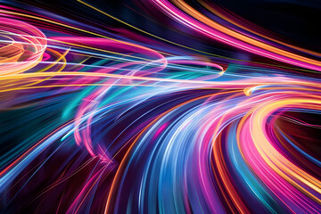 Poster - Vibrant abstract image featuring dynamic neon light trails in shades of pink, blue, yellow, and orange, creating a sense of motion.