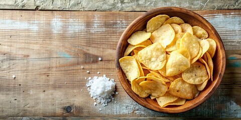 Poster - Crisps or potato chips with salt in wooden bowl, top view , snack, crispy, crunch, snack, salty, junk food, unhealthy