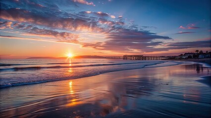 Poster - Sunrise over the peaceful shoreline of Pismo Beach, sunrise, Pismo Beach, ocean, horizon, peaceful, coastal, morning