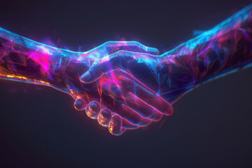 Canvas Print - Futuristic handshake of glowing neon lines symbolizing unity in diversity