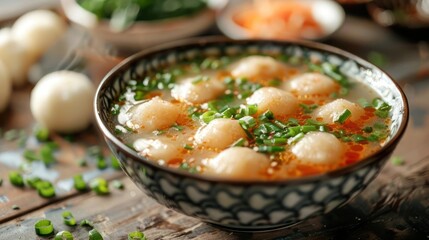 Wall Mural - a bowl of soup with dumplings and vegetables on the table