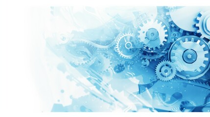 Poster - Mechanical gears in a white and blue gradient background. Industrial engineering and machinery concept.