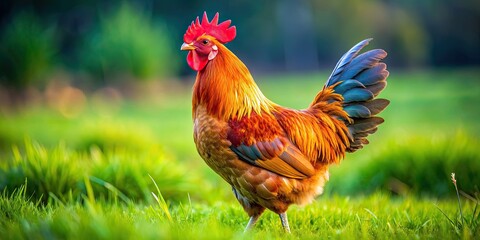 Wall Mural - Close up of a chicken with vibrant feathers standing in a grassy field, feathers, poultry, farm, livestock, animal