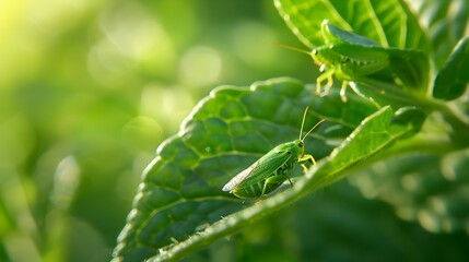 Wall Mural - Green Grasshopper on a Leaf.