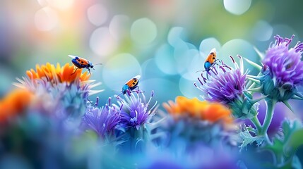 Sticker - Colorful Bugs on Purple and Orange Flowers.