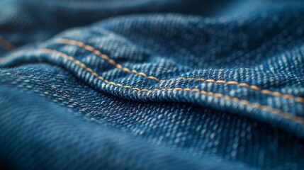 Denim Fabric Close-Up : A detailed close-up of blue denim fabric with visible stitching and texture