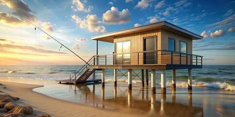 Canvas Print - rendering of a modern fishing house on the beach, fishing, house, beach,render, architecture, design, vacation, getaway