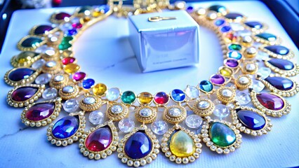 Sticker - Gold necklace adorned with stunning gems , jewelry, luxury, elegant, accessory, fashion, style, precious, gemstones, ornate