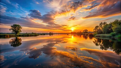 Canvas Print - Sunset reflecting over calm river, sunset, river, reflection, water, dusk, evening, nature, tranquil, serene, scenic, landscape