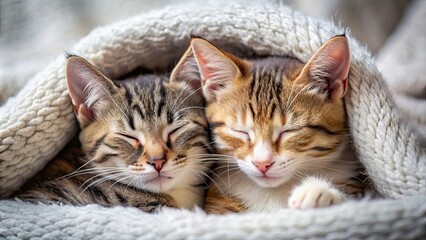 Poster - Two adorable cats snuggled up together, peacefully sleeping, cats, pets, feline, animals, sleep, cozy, cute, cuddle