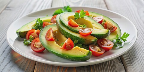 Poster - Fresh and healthy avocado dish with sliced avocado, tomatoes, and cilantro on a white plate, avocado, food, green, healthy