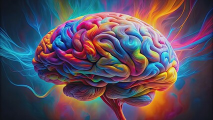 Poster - Abstract colorful human brain with vibrant synapses, neuron, intelligence, creativity, connection, science, thinking