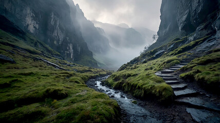 Wall Mural - A majestic mountain range with snowcapped peaks and lush green valleys stretching endlessly