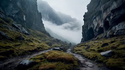 Wall Mural - A majestic mountain range with snowcapped peaks and lush green valleys stretching endlessly